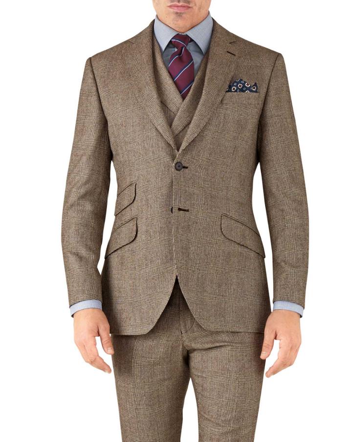 Charles Tyrwhitt Tan Check Slim Fit British Serge Luxury Suit Wool Jacket Size 38 By Charles Tyrwhitt