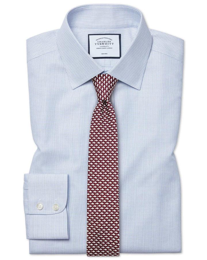  Extra Slim Fit Non-iron Dash Weave Blue Cotton Dress Shirt Single Cuff Size 14.5/32 By Charles Tyrwhitt