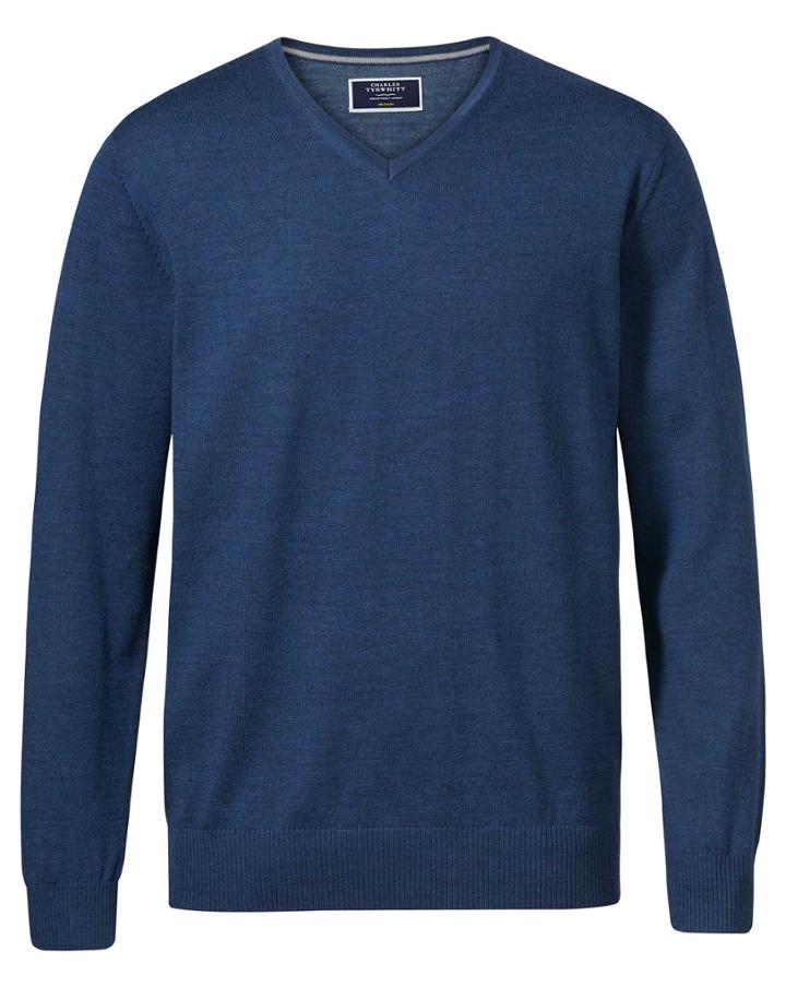  Mid Blue Merino Wool V-neck Sweater Size Large By Charles Tyrwhitt