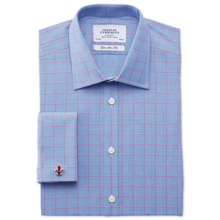 Charles Tyrwhitt Charles Tyrwhitt Extra Slim Fit Prince Of Wales Check Pink Satin Egyptian Cotton Dress Shirt Size 14.5/33