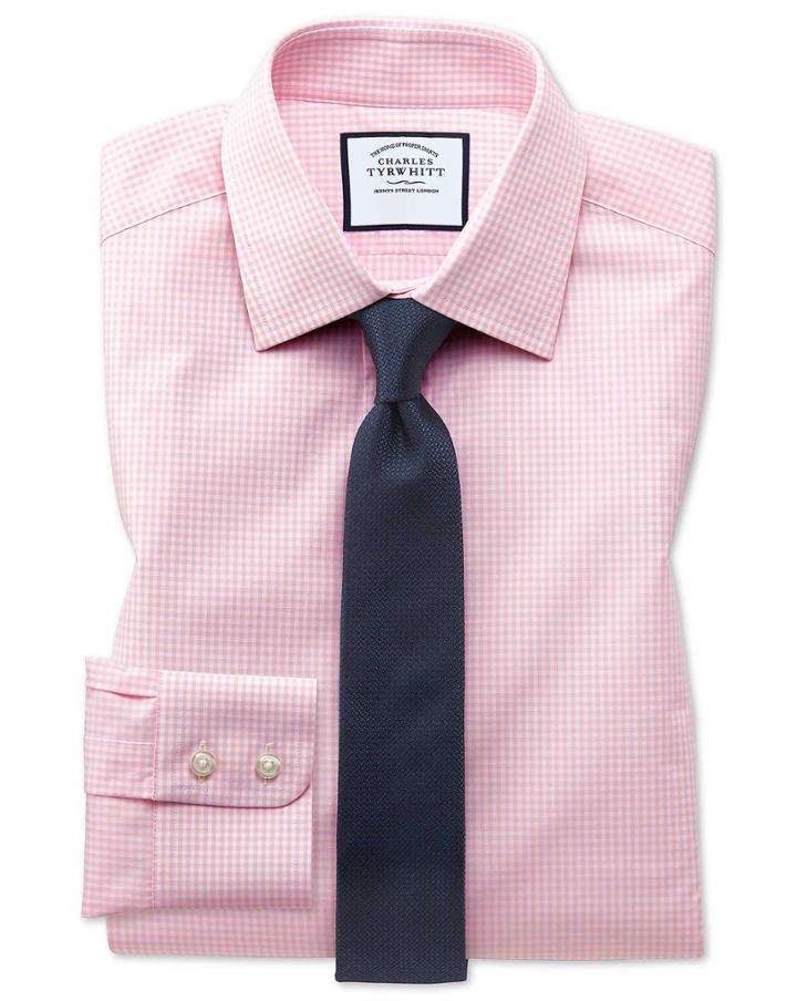  Extra Slim Fit Light Pink Small Gingham Cotton Dress Shirt Single Cuff Size 15.5/33 By Charles Tyrwhitt
