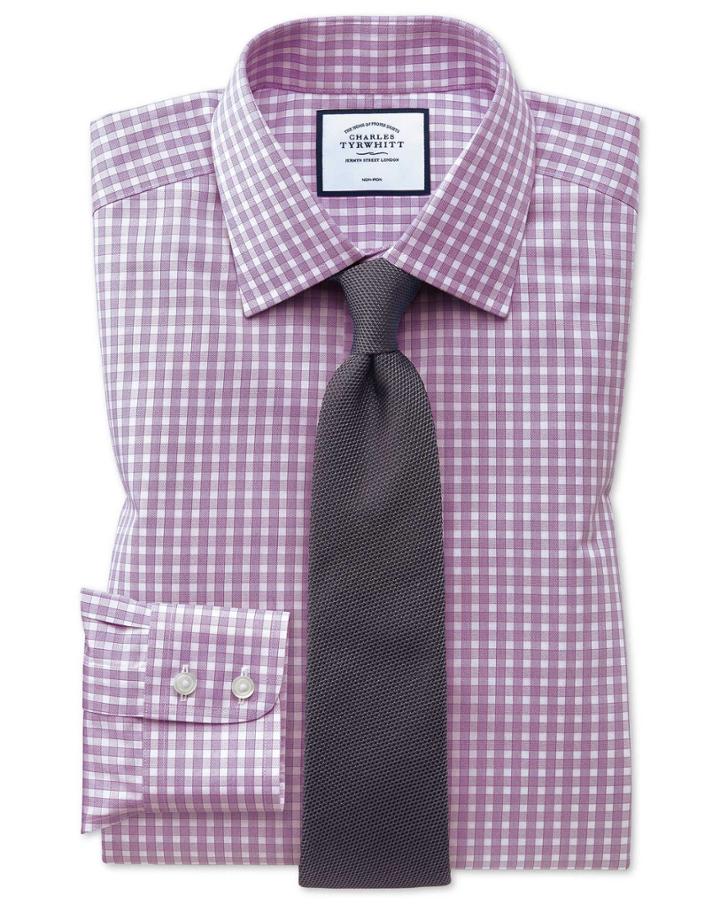  Classic Fit Non-iron Twill Berry Gingham Cotton Dress Shirt French Cuff Size 15.5/33 By Charles Tyrwhitt