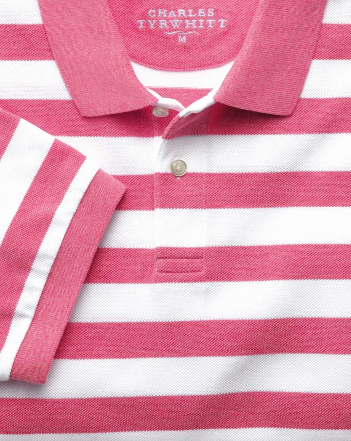  Dark Pink Stripe Pique Cotton Polo Size Large By Charles Tyrwhitt