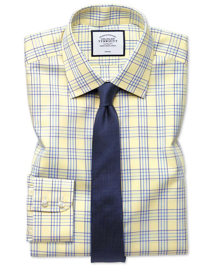  Extra Slim Fit Non-iron Prince Of Wales Yellow Cotton Dress Shirt French Cuff Size 15/33 By Charles Tyrwhitt