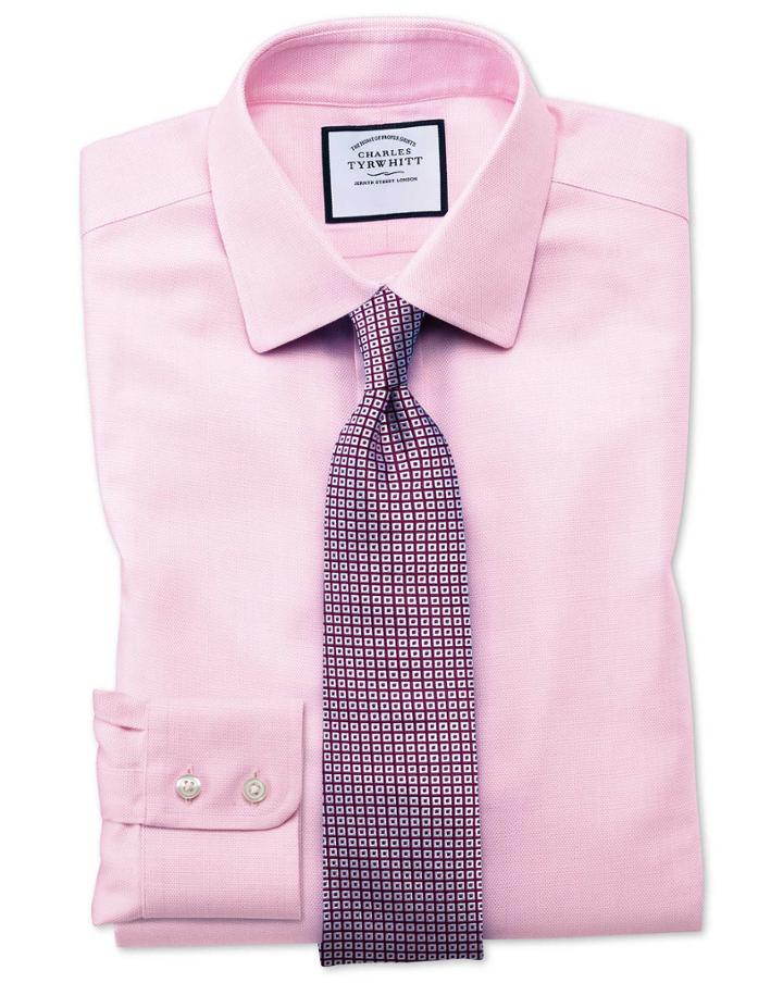  Classic Fit Non-iron Step Weave Pink Cotton Dress Shirt Single Cuff Size 15.5/33 By Charles Tyrwhitt