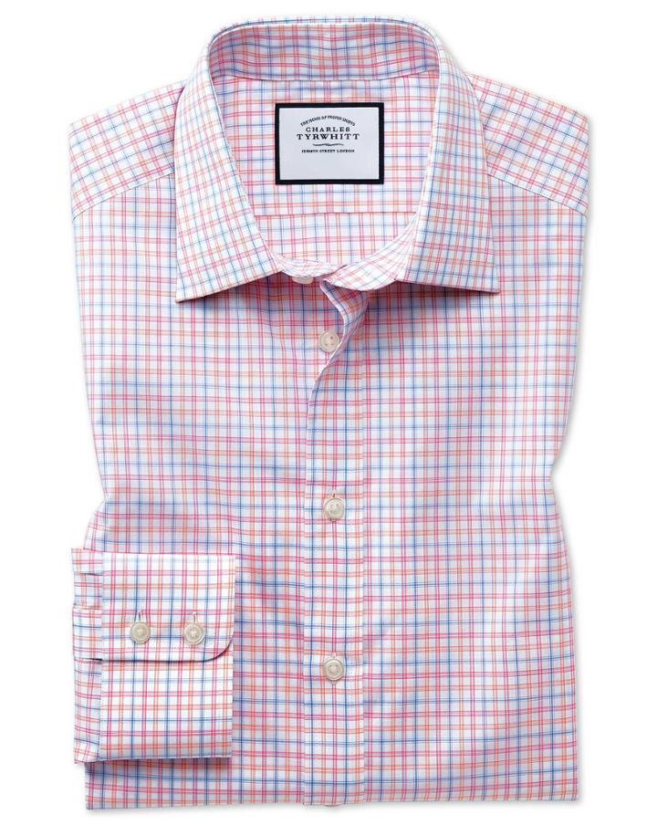  Slim Fit Egyptian Cotton Poplin Pink Multi Check Dress Shirt Single Cuff Size 14.5/33 By Charles Tyrwhitt