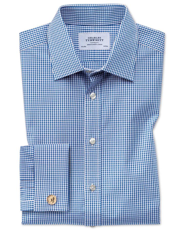 Charles Tyrwhitt Classic Fit Small Gingham Navy Blue Cotton Dress Shirt French Cuff Size 15/35 By Charles Tyrwhitt