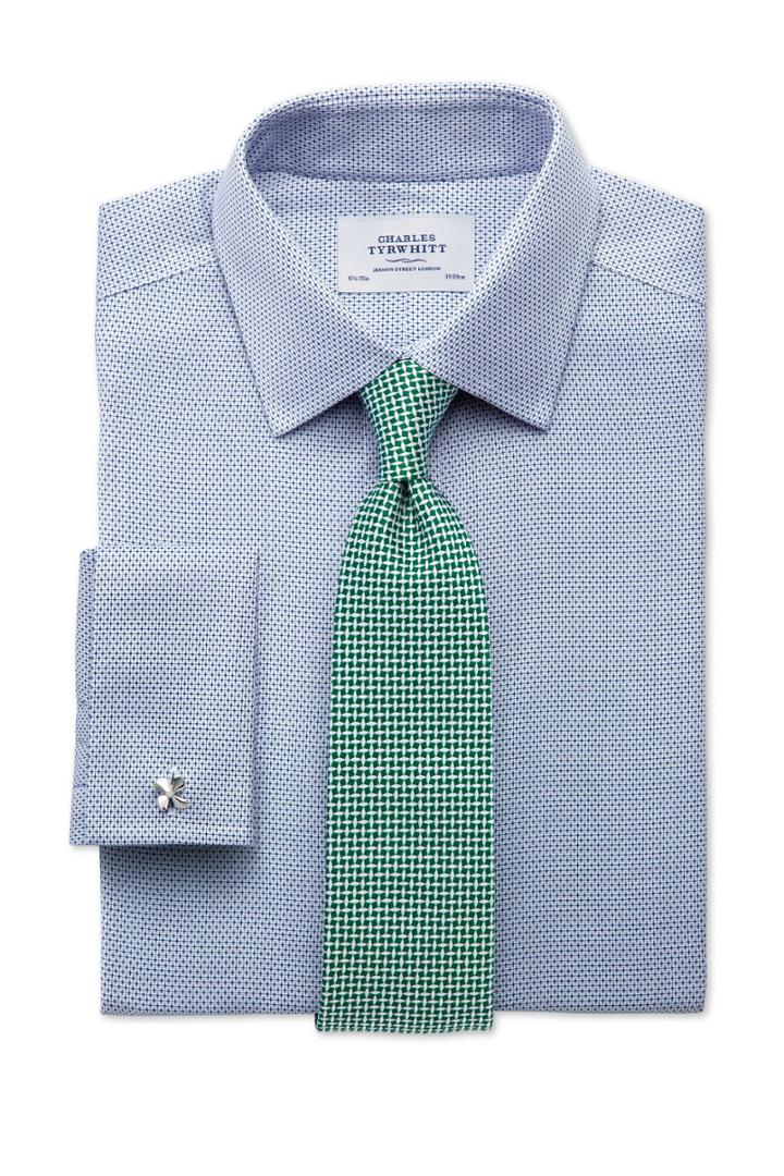  Slim Fit Non-iron Imperial Weave Blue Cotton Dress Shirt Single Cuff Size 15.5/34 By Charles Tyrwhitt