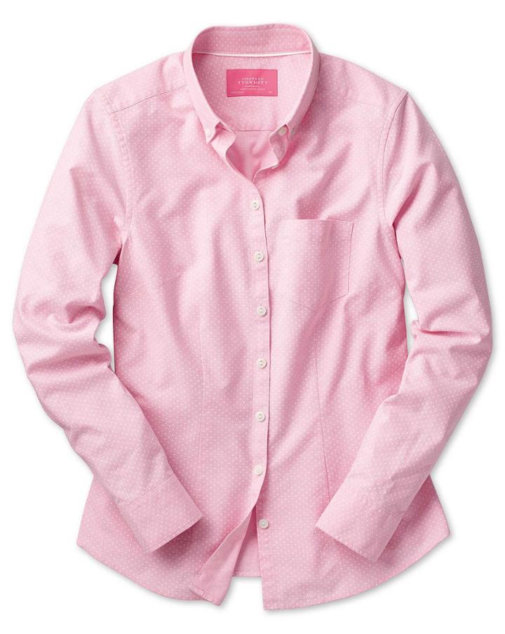 Charles Tyrwhitt Charles Tyrwhitt Women's Semi-fitted Light Pink And White Spot Print Oxford Cotton Shirt Size 6