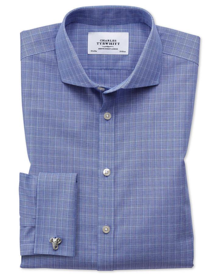 Charles Tyrwhitt Extra Slim Fit Spread Collar Non-iron Prince Of Wales Blue Cotton Dress Shirt French Cuff Size 14.5/32 By Charles Tyrwhitt
