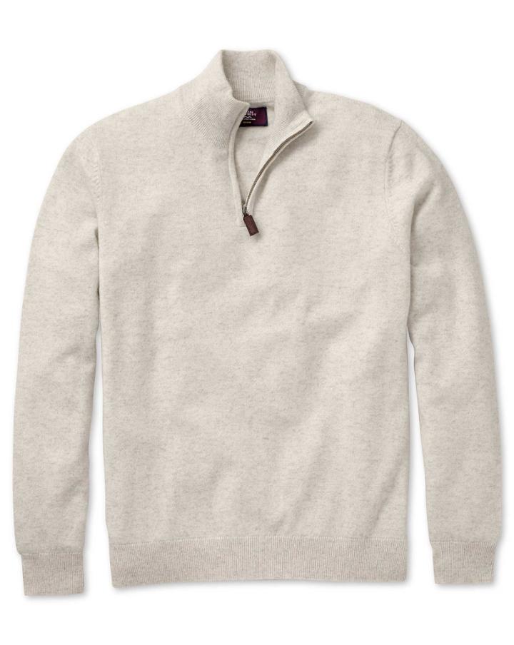  Chalk White Cashmere Zip Neck Sweater Size Large By Charles Tyrwhitt