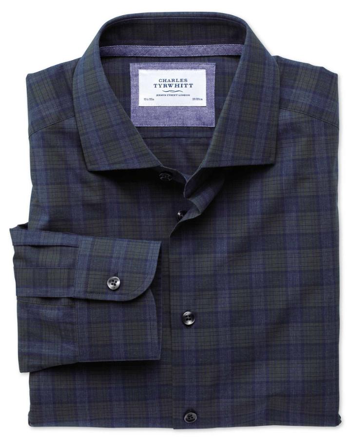 Charles Tyrwhitt Charles Tyrwhitt Classic Fit Semi-spread Collar Business Casual Melange Navy And Green Check Egyptian Cotton Dress Shirt Size 16/38