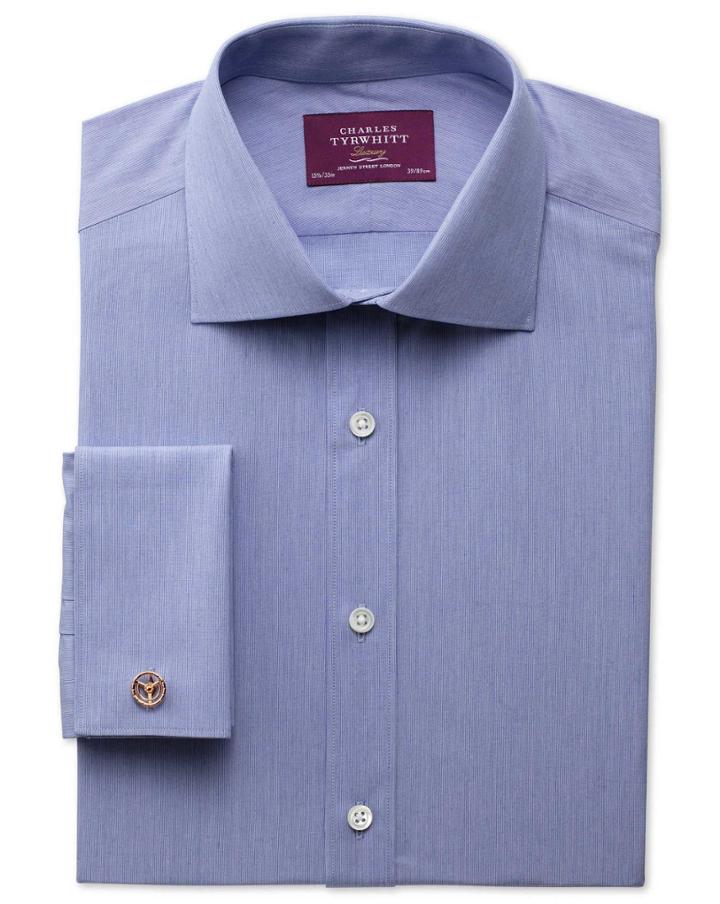 Charles Tyrwhitt Charles Tyrwhitt Slim Fit Semi-spread Collar Luxury Poplin Mid Blue Cotton Dress Shirt Size 15/35