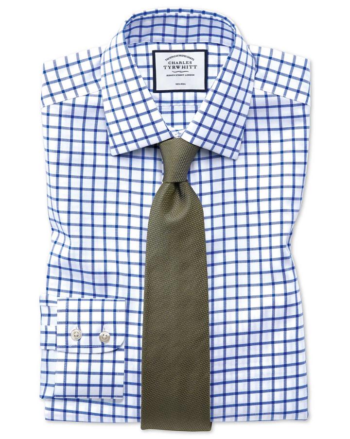  Extra Slim Fit Non-iron Royal Blue Grid Check Twill Cotton Dress Shirt Single Cuff Size 14.5/32 By Charles Tyrwhitt