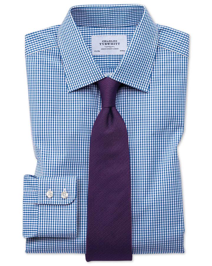  Classic Fit Small Gingham Navy Blue Cotton Dress Shirt French Cuff Size 16/38 By Charles Tyrwhitt
