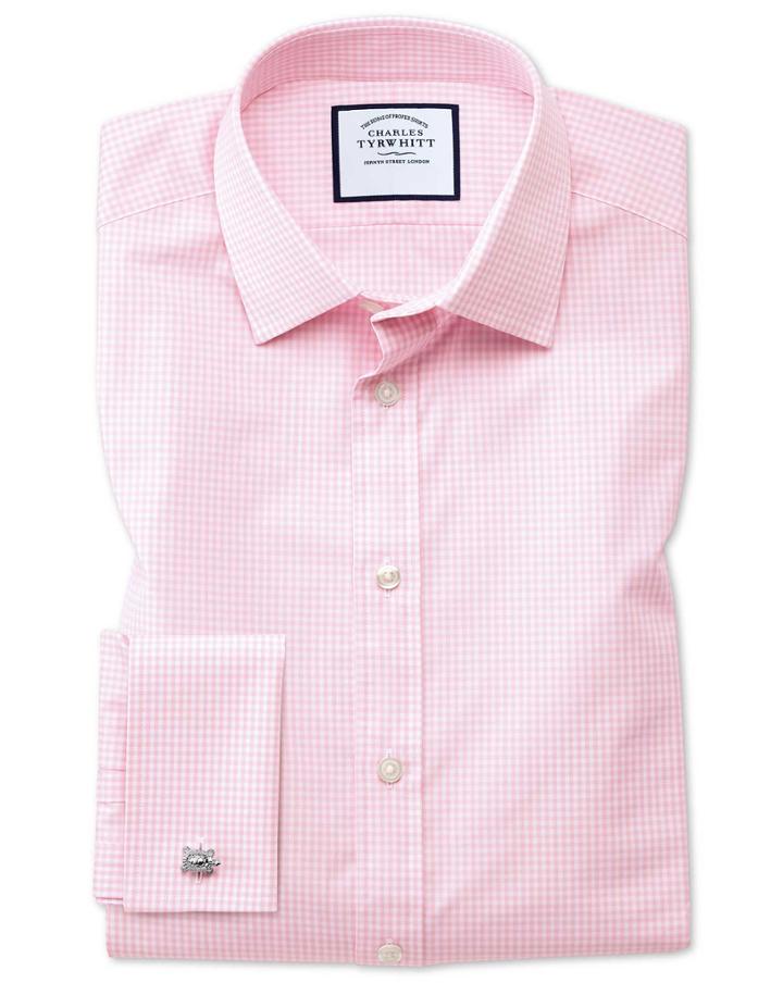 Charles Tyrwhitt Extra Slim Fit Small Gingham Light Pink Cotton Dress Shirt Single Cuff Size 14.5/32 By Charles Tyrwhitt