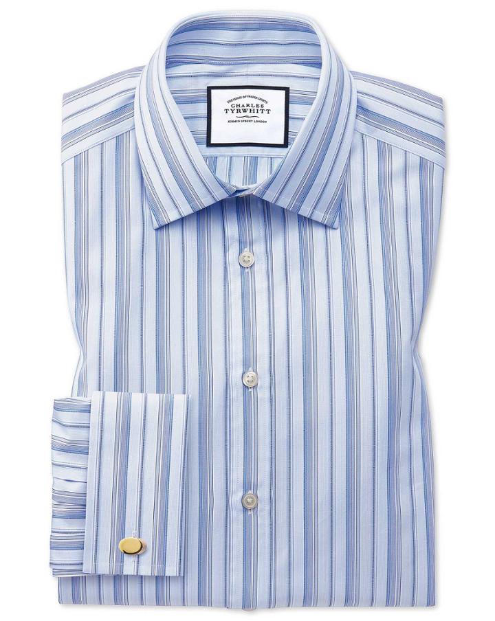  Slim Fit Sky Blue Multi Stripe Egyptian Cotton Dress Shirt Single Cuff Size 14.5/32 By Charles Tyrwhitt