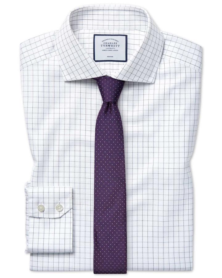  Slim Fit Cutaway Collar Non-iron Cotton Stretch Oxford Blue And White Check Dress Shirt Single Cuff Size 14.5/33 By Charles Tyrwhitt