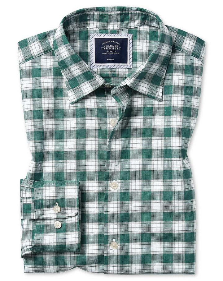  Classic Fit Green And White Check Soft Wash Non-iron Stretch Oxford Cotton Casual Shirt Single Cuff Size Large By Charles Tyrwhitt