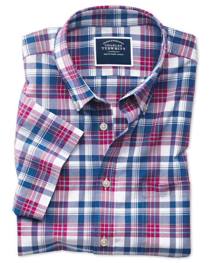  Classic Fit Poplin Short Sleeve Pink And Navy Cotton Casual Shirt Single Cuff Size Small By Charles Tyrwhitt