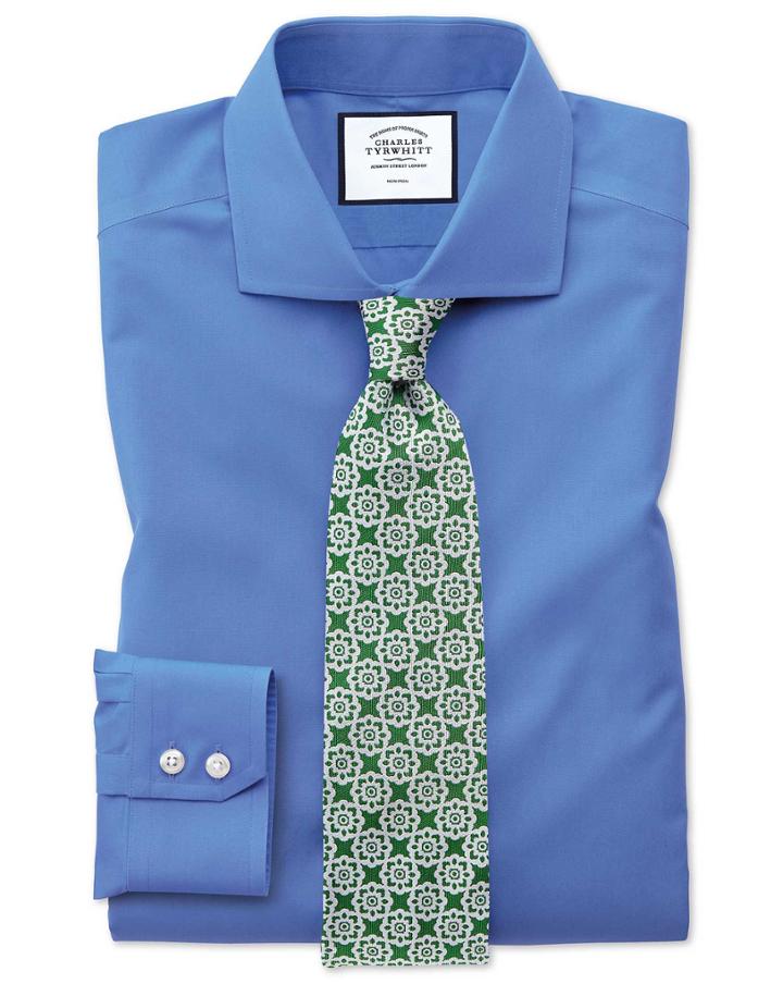  Extra Slim Fit Blue Non-iron Poplin Cotton Dress Shirt Single Cuff Size 14.5/32 By Charles Tyrwhitt
