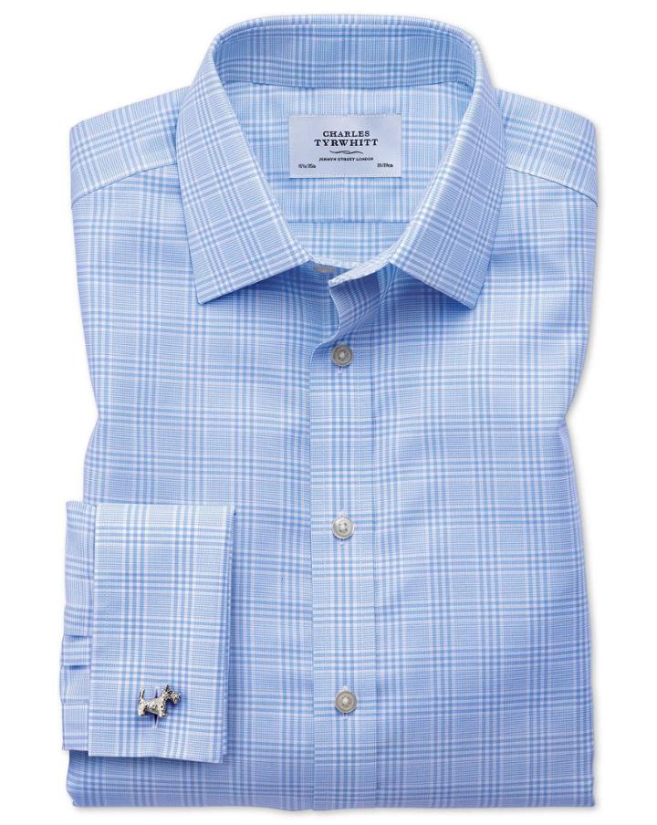 Charles Tyrwhitt Slim Fit Non-iron Prince Of Wales Sky Blue Cotton Dress Casual Shirt French Cuff Size 14.5/33 By Charles Tyrwhitt