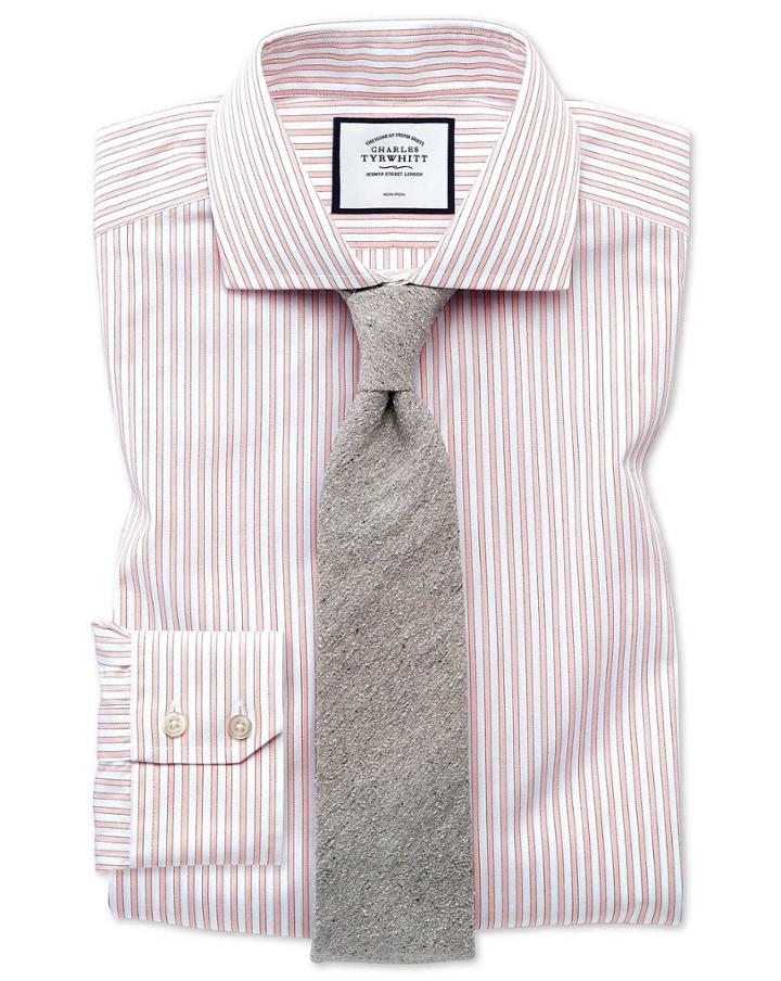  Slim Fit Non-iron Shadow Stripe Pink Cotton Dress Shirt Single Cuff Size 14.5/33 By Charles Tyrwhitt
