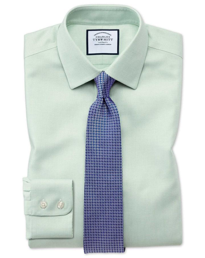  Classic Fit Non-iron Step Weave Green Cotton Dress Shirt French Cuff Size 16/33 By Charles Tyrwhitt