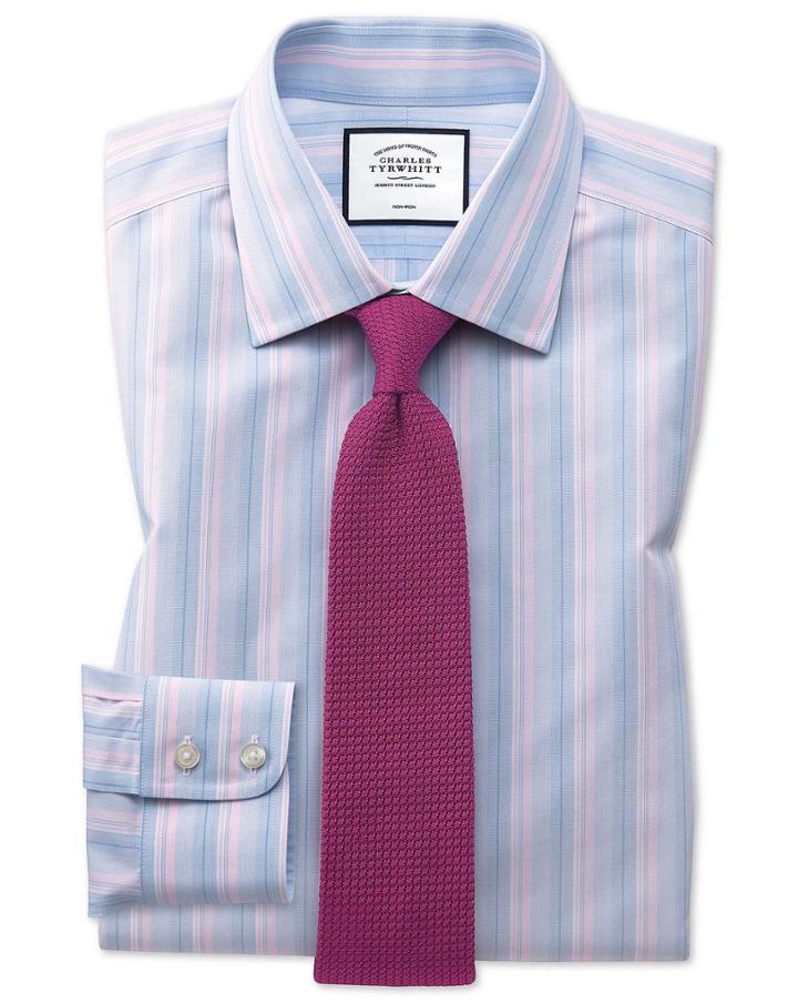  Classic Fit Non-iron Pink And Blue Multi Stripe Cotton Dress Shirt French Cuff Size 15.5/35 By Charles Tyrwhitt