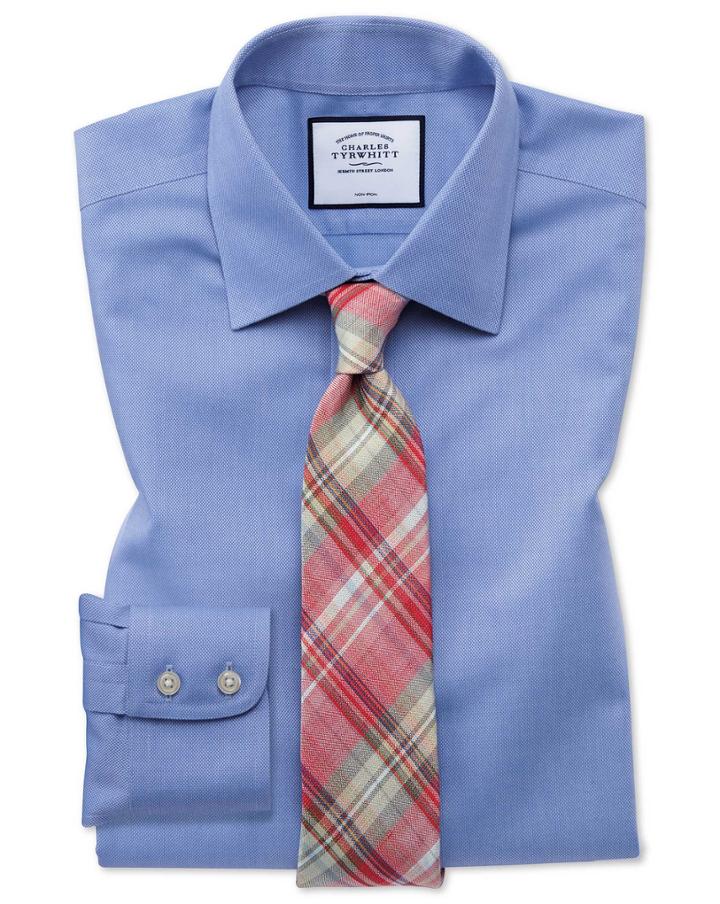  Extra Slim Fit Non-iron Blue Royal Panama Cotton Dress Shirt Single Cuff Size 14.5/32 By Charles Tyrwhitt