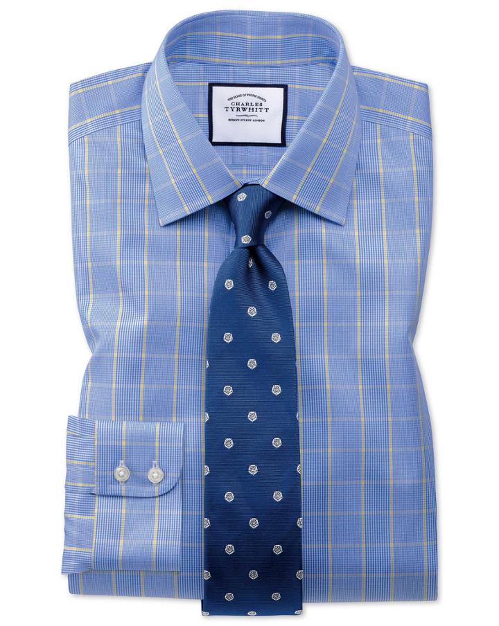  Extra Slim Fit Non-iron Prince Of Wales Blue And Gold Cotton Dress Shirt French Cuff Size 14.5/33 By Charles Tyrwhitt