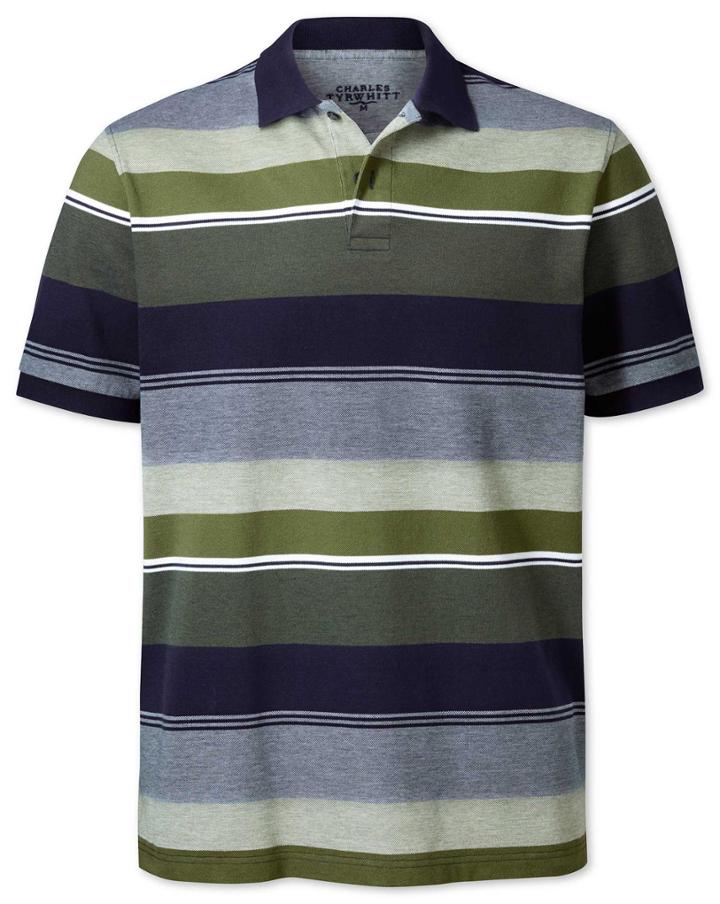  Olive Multi Stripe Oxford Pique Cotton Polo Size Medium By Charles Tyrwhitt