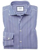  Extra Slim Fit Business Casual Leno Texture Blue And White Stripe Cotton Dress Shirt Single Cuff Size 16.5/35 By Charles Tyrwhitt