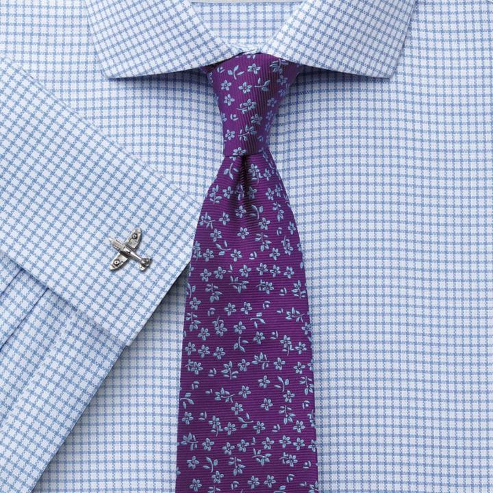 Charles Tyrwhitt Slim Fit Non-iron Spread Collar Basketweave Check Sky Blue Cotton Dress Casual Shirt French Cuff Size 17/36 By Charles Tyrwhitt