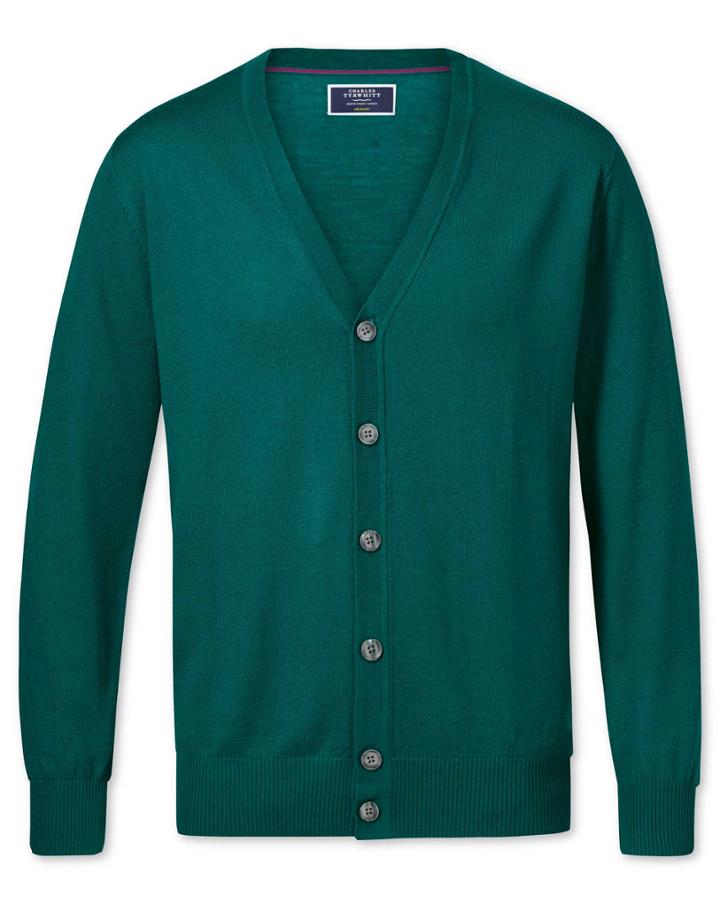  Teal Merino Wool Cardigan Size Large By Charles Tyrwhitt
