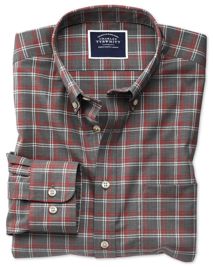  Slim Fit Non-iron Grey Check Twill Cotton Casual Shirt Single Cuff Size Large By Charles Tyrwhitt