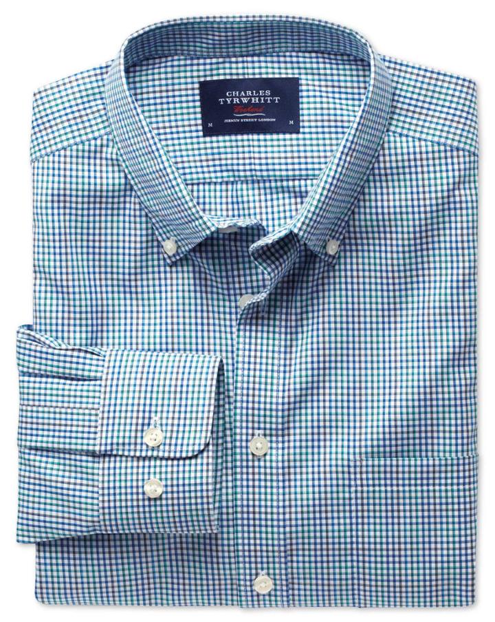 Charles Tyrwhitt Charles Tyrwhitt Classic Fit Non-iron Poplin Multi Check Blue Cotton Dress Shirt Size Medium