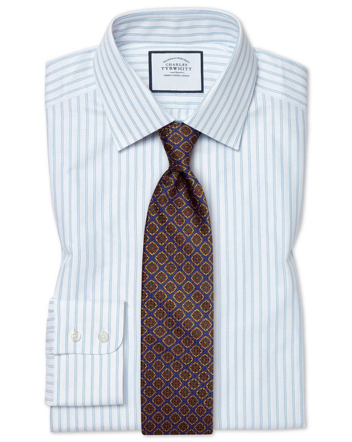  Classic Fit Brushed-back Basketweave Striped Blue Cotton Dress Shirt Single Cuff Size 15.5/34 By Charles Tyrwhitt