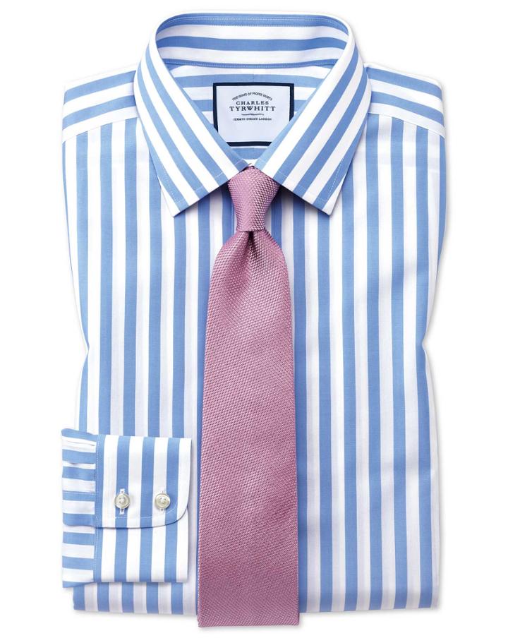 Charles Tyrwhitt Extra Slim Fit Non-iron Jermyn Street Stripes Sky Cotton Dress Shirt Single Cuff Size 14.5/33 By Charles Tyrwhitt
