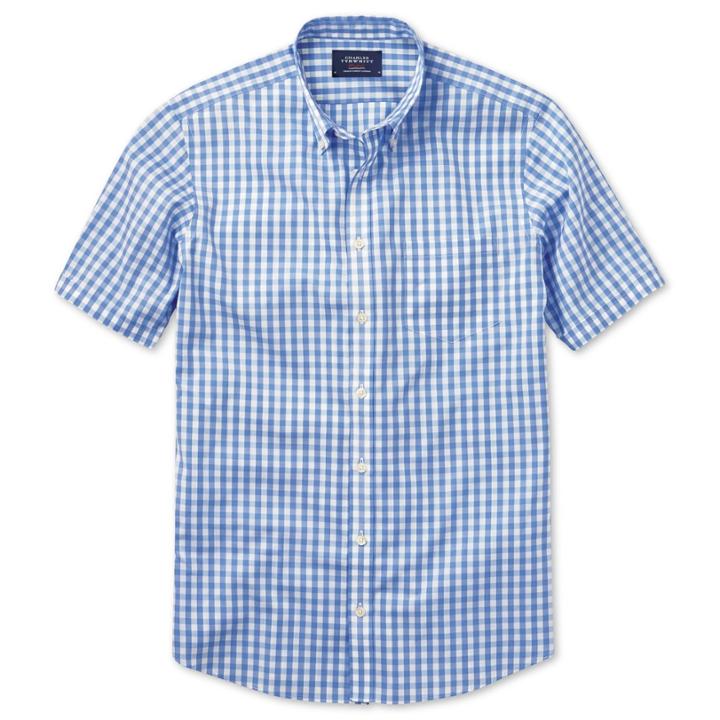 Charles Tyrwhitt Charles Tyrwhitt Sky Gingham Check Short Sleeve Non-iron Slim Fit Shirt (l)
