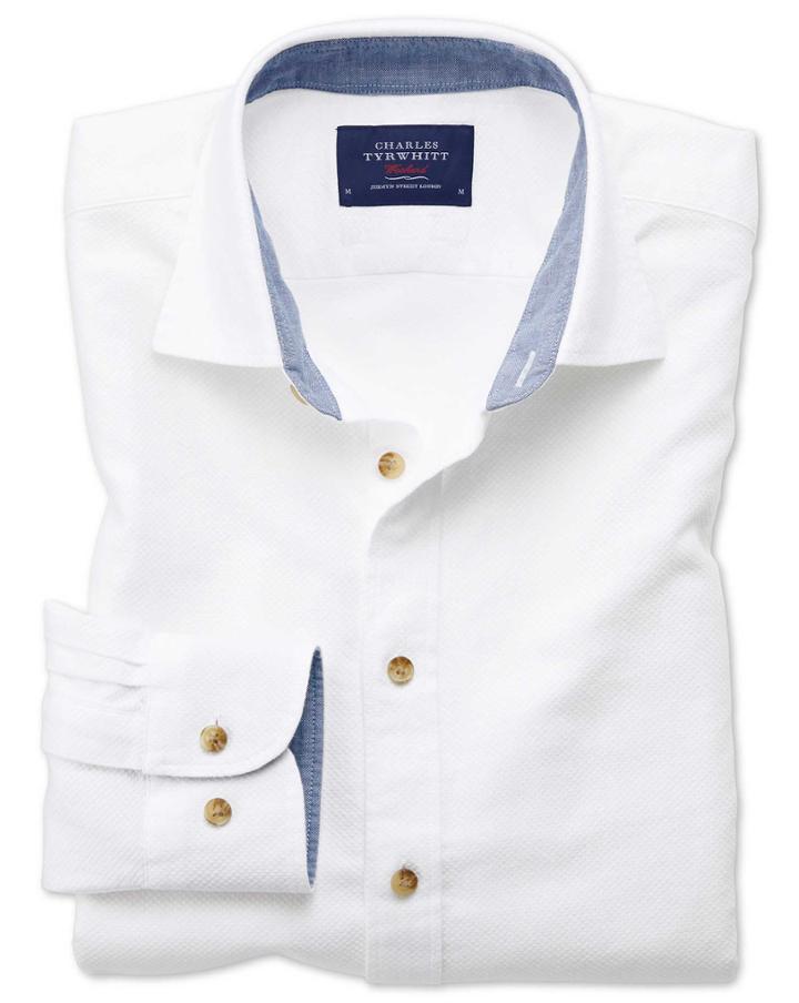 Charles Tyrwhitt Classic Fit Washed Textured White Cotton Casual Shirt Single Cuff Size Large By Charles Tyrwhitt