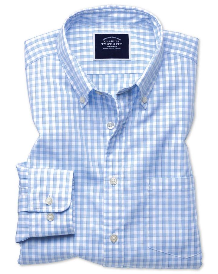  Slim Fit Sky Blue Gingham Soft Washed Non-iron Tyrwhitt Cool Cotton Casual Shirt Single Cuff Size Medium By Charles Tyrwhitt