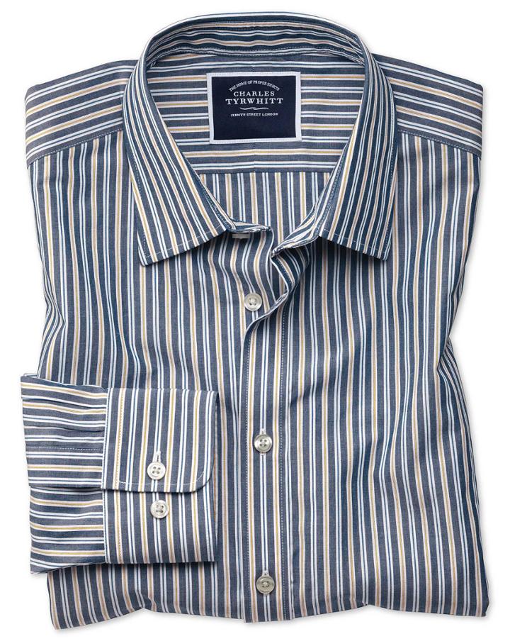  Classic Fit Navy Multi Stripe Soft Washed Cotton Casual Shirt Single Cuff Size Small By Charles Tyrwhitt