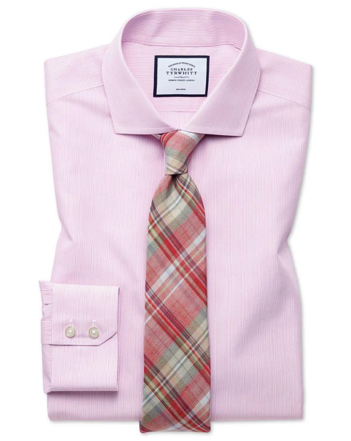 Slim Fit Non-iron Tyrwhitt Cool Poplin Pink Stripe Cotton Dress Shirt Single Cuff Size 14.5/32 By Charles Tyrwhitt
