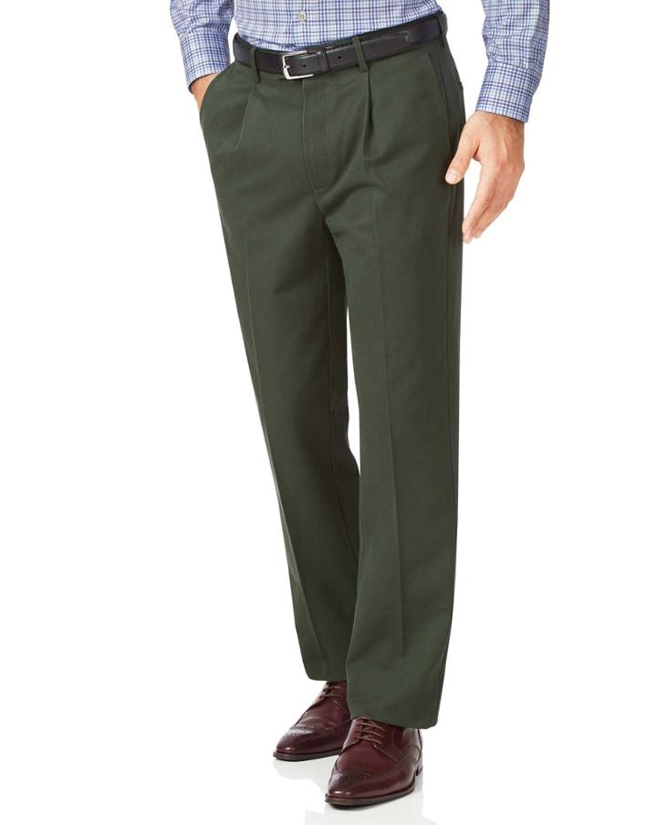  Dark Green Classic Fit Single Pleat Non-iron Cotton Chino Pants Size W32 L30 By Charles Tyrwhitt
