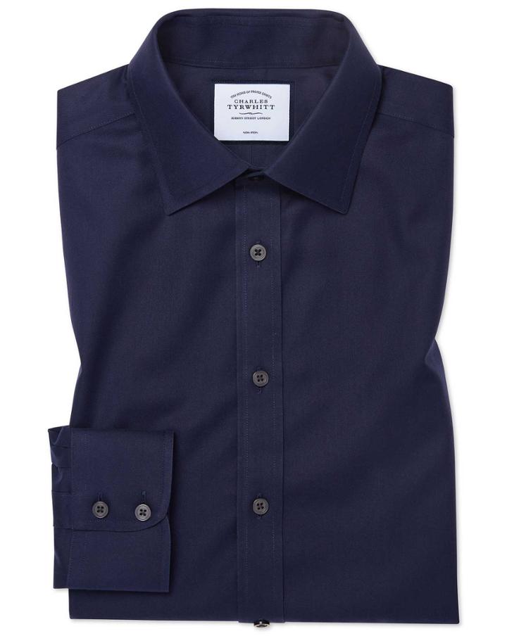  Classic Fit Navy Non-iron Twill Cotton Dress Shirt French Cuff Size 15.5/32 By Charles Tyrwhitt