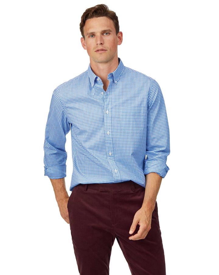  Slim Fit Sky Blue Check Gingham Soft Washed Non-iron Stretch Poplin Cotton Casual Shirt Single Cuff Size Medium By Charles Tyrwhitt