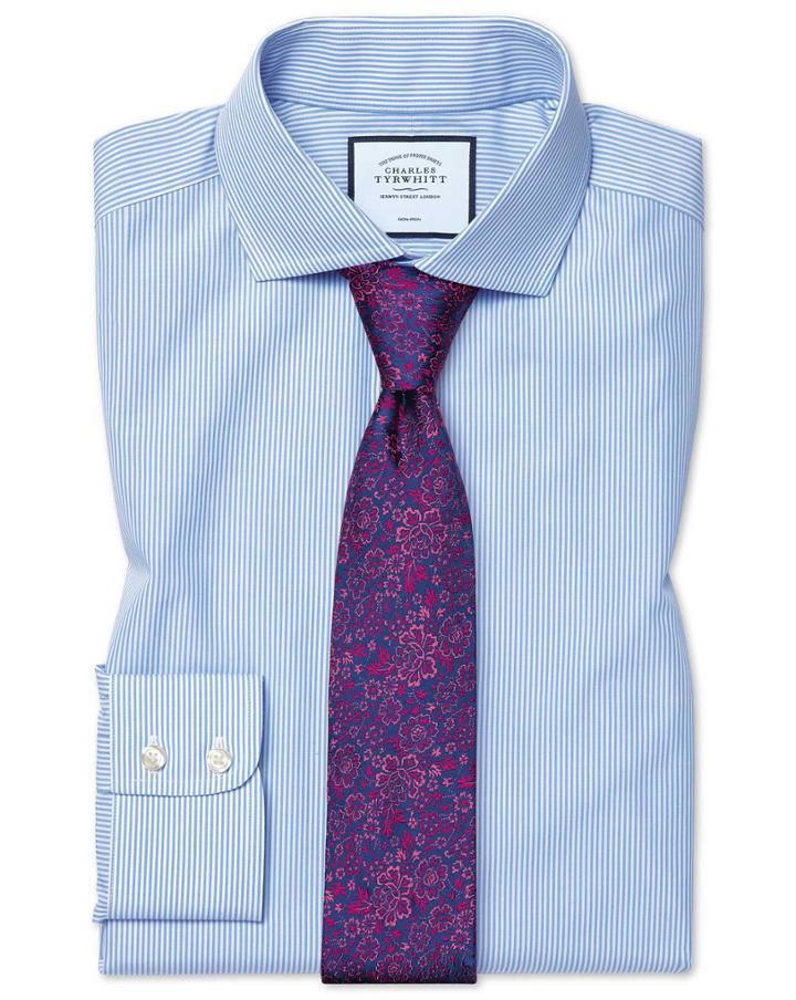  Slim Fit Non-iron Cutaway Sky Blue Bengal Stripe Cotton Dress Shirt French Cuff Size 14.5/33 By Charles Tyrwhitt
