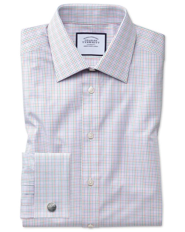  Extra Slim Fit Pink Multi Check Egyptian Cotton Dress Shirt French Cuff Size 14.5/32 By Charles Tyrwhitt