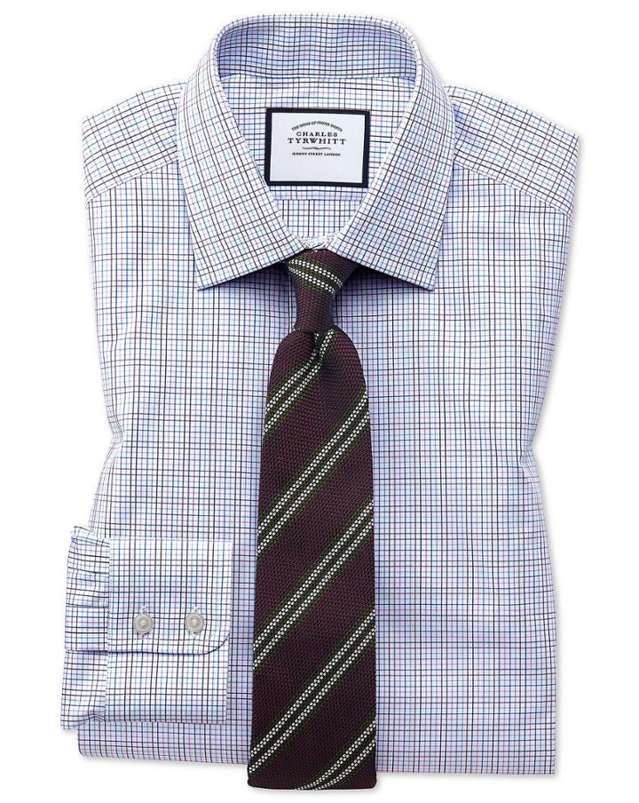  Slim Fit Purple Multi Check Egyptian Cotton Dress Shirt French Cuff Size 15/33 By Charles Tyrwhitt